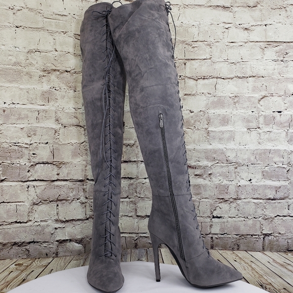 womens grey thigh high boots